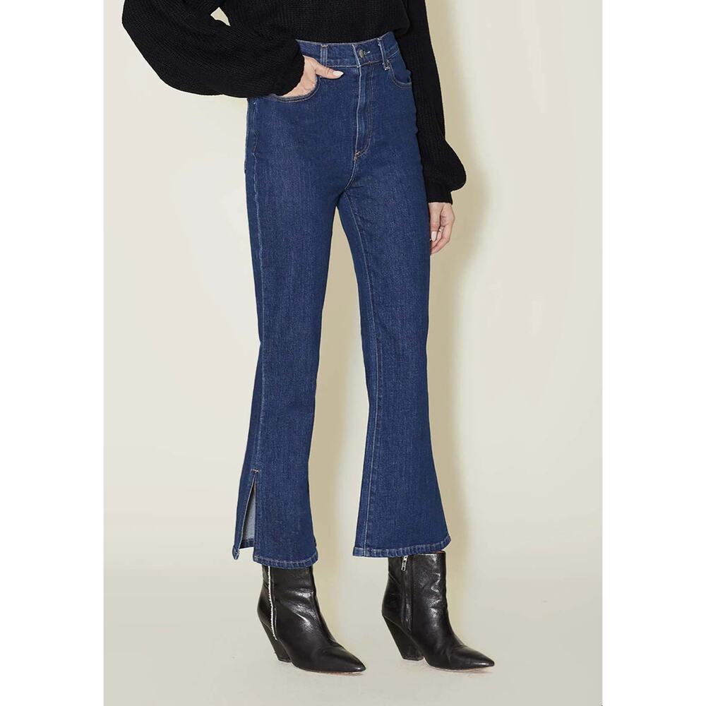 Le Jean Stella Flare Jeans‎ Blue Denim High Rise Side Slit Crop Sz 26